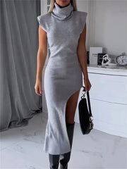 Tossy Sleeveless Fashion Turtleneck Long Dress Female Solid Split Patchwork Slim Autumn Maxi Dress Women's Elegant Party Dress