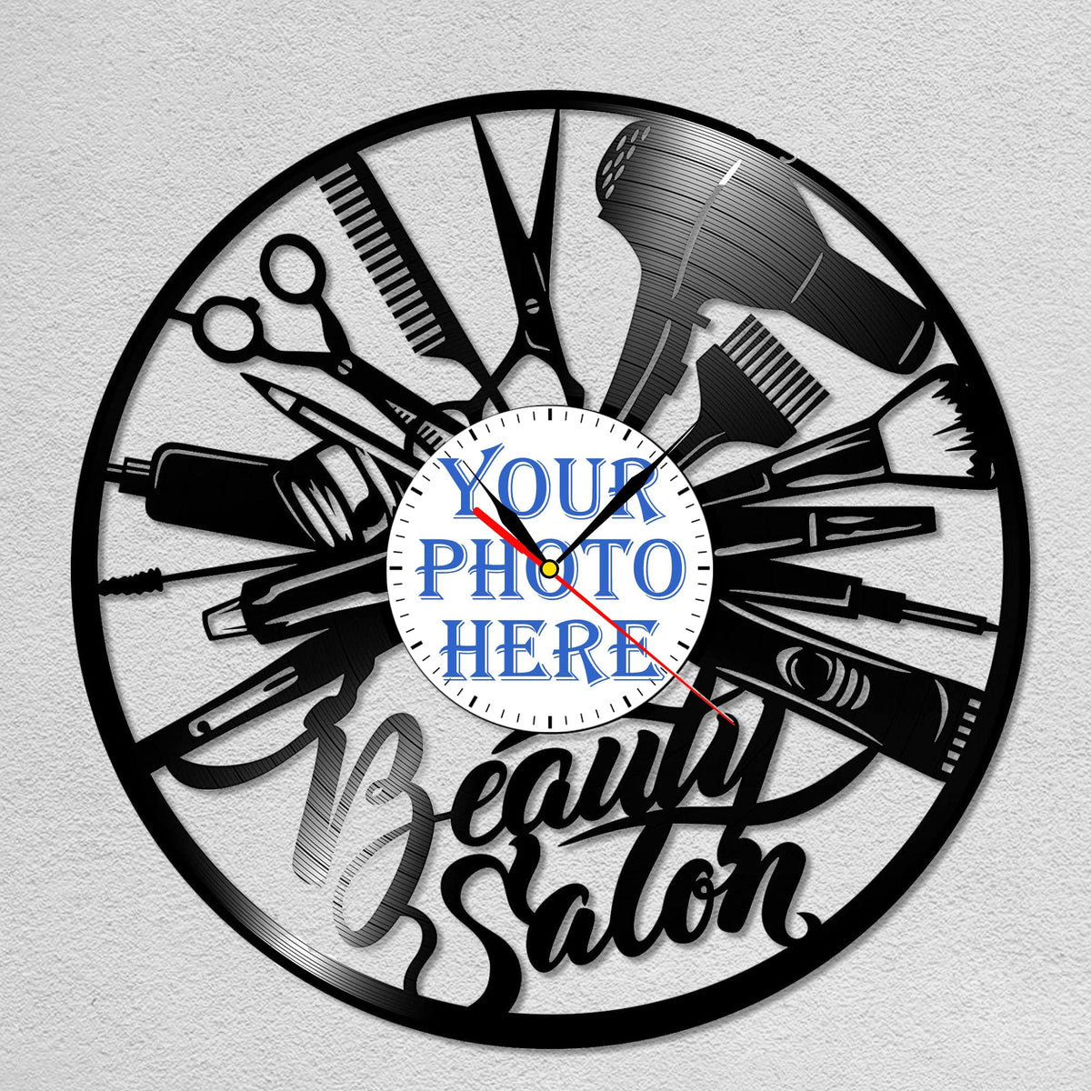 Personalized Beauty Salon LP Record Wall Clock â€?Custom Photo & Name, Silent Quartz