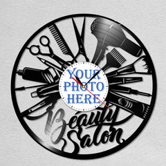 Personalized Beauty Salon LP Record Wall Clock â€?Custom Photo & Name, Silent Quartz