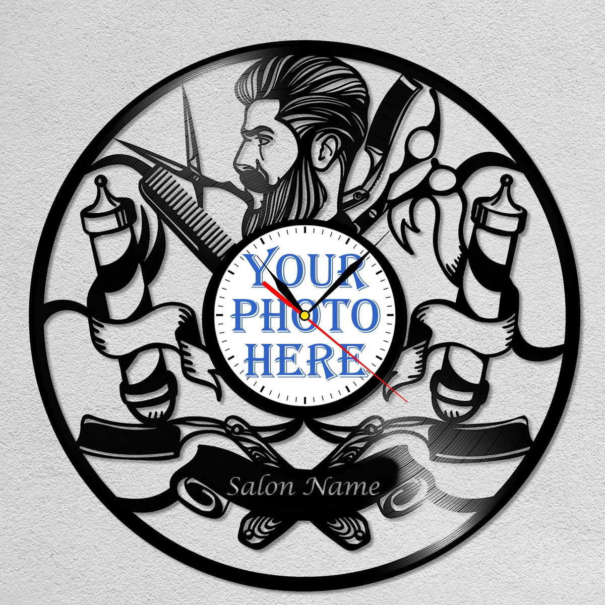 Personalized Barber LP Record Wall Clock â€?Custom Photo & Shop Name, Silent Quartz