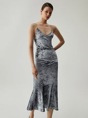 Velvet Ruffled Trim Cami Midi Dress