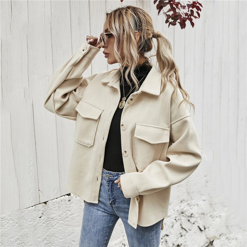 Lapel Single-breasted Thick Solid Color Shirt Woolen Cloth