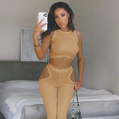 Women's Irregular Cutout Crop Tank Top Pants Two Piece Set