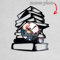 Personalized Book Stack LP Record Wall Clock â€?Custom Photo, Silent Quartz Movement