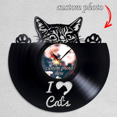 Personalized Cat Memorial Wall Clock â€?Custom LP Record, Silent Quartz Movement