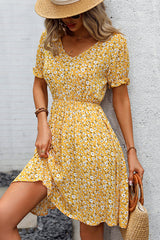 V Neck Floral Print Short Sleeve Mini Dress