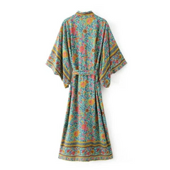 Green Floral Print Kimono Robe