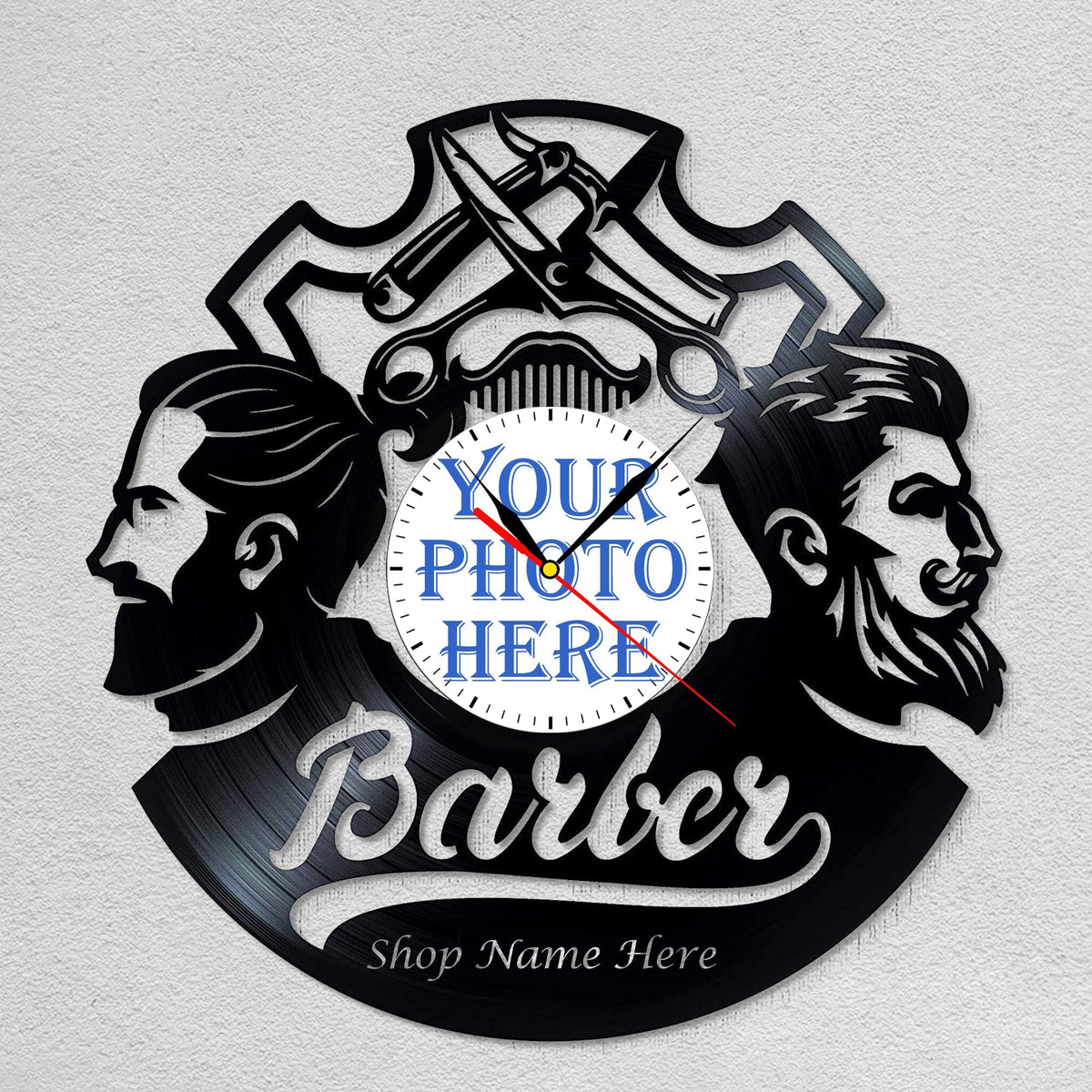 Personalized Barber LP Record Wall Clock â€?Custom Photo & Shop Name, Silent Quartz