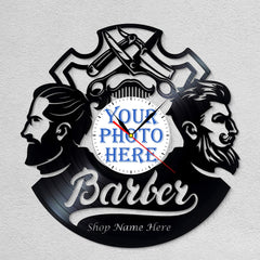 Personalized Barber LP Record Wall Clock â€?Custom Photo & Shop Name, Silent Quartz