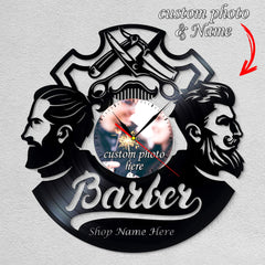 Personalized Barber LP Record Wall Clock â€?Custom Photo & Shop Name, Silent Quartz