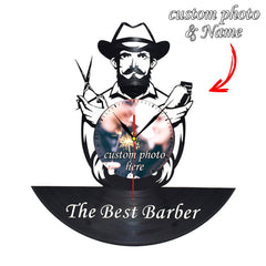 Personalized Barber LP Record Wall Clock â€?Custom Photo & Name, Silent Quartz