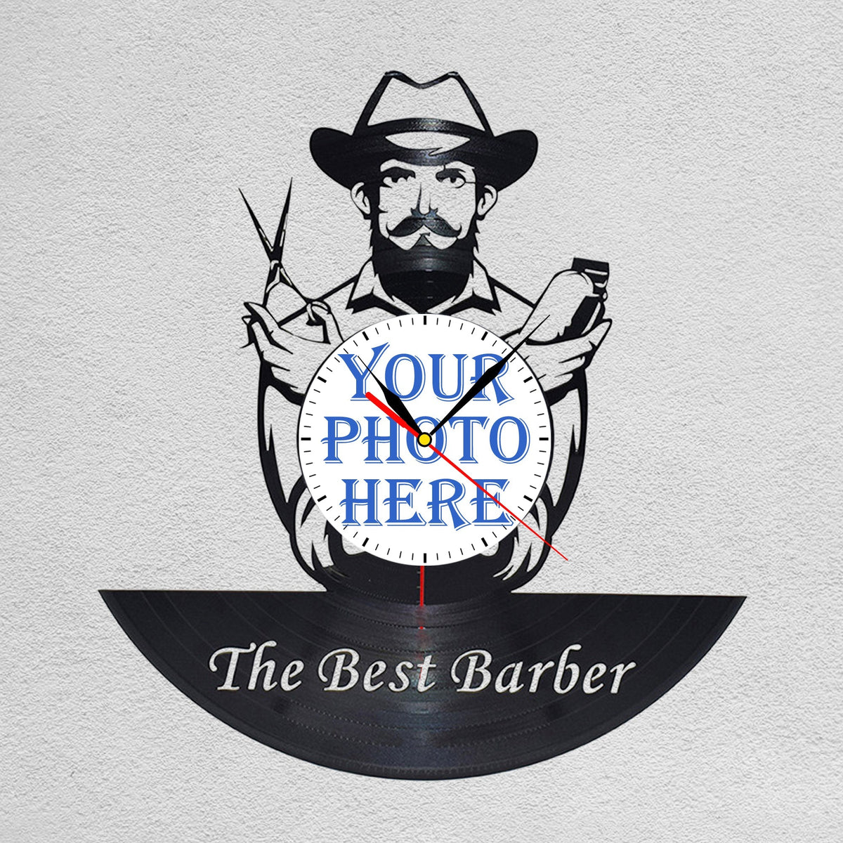 Personalized Barber LP Record Wall Clock â€?Custom Photo & Name, Silent Quartz