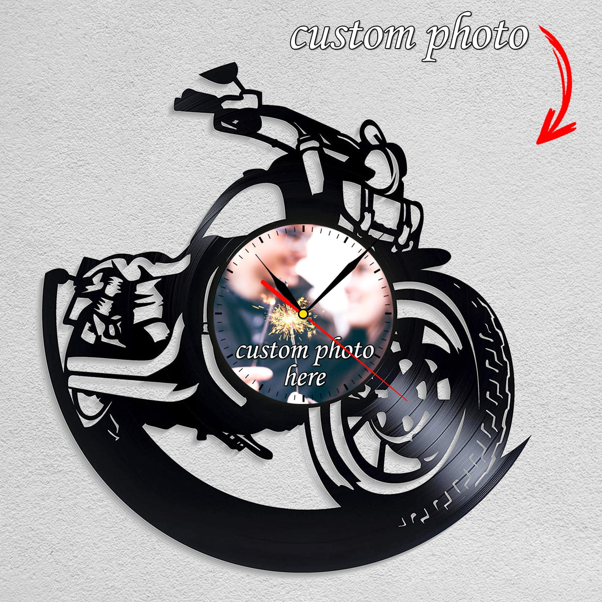 Personalized Motorcycle LP Record Wall Clock â€?Custom Photo, Silent Quartz Movement