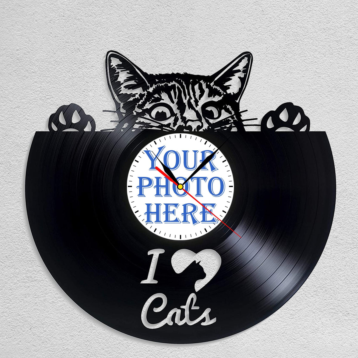 Personalized Cat Memorial Wall Clock â€?Custom LP Record, Silent Quartz Movement